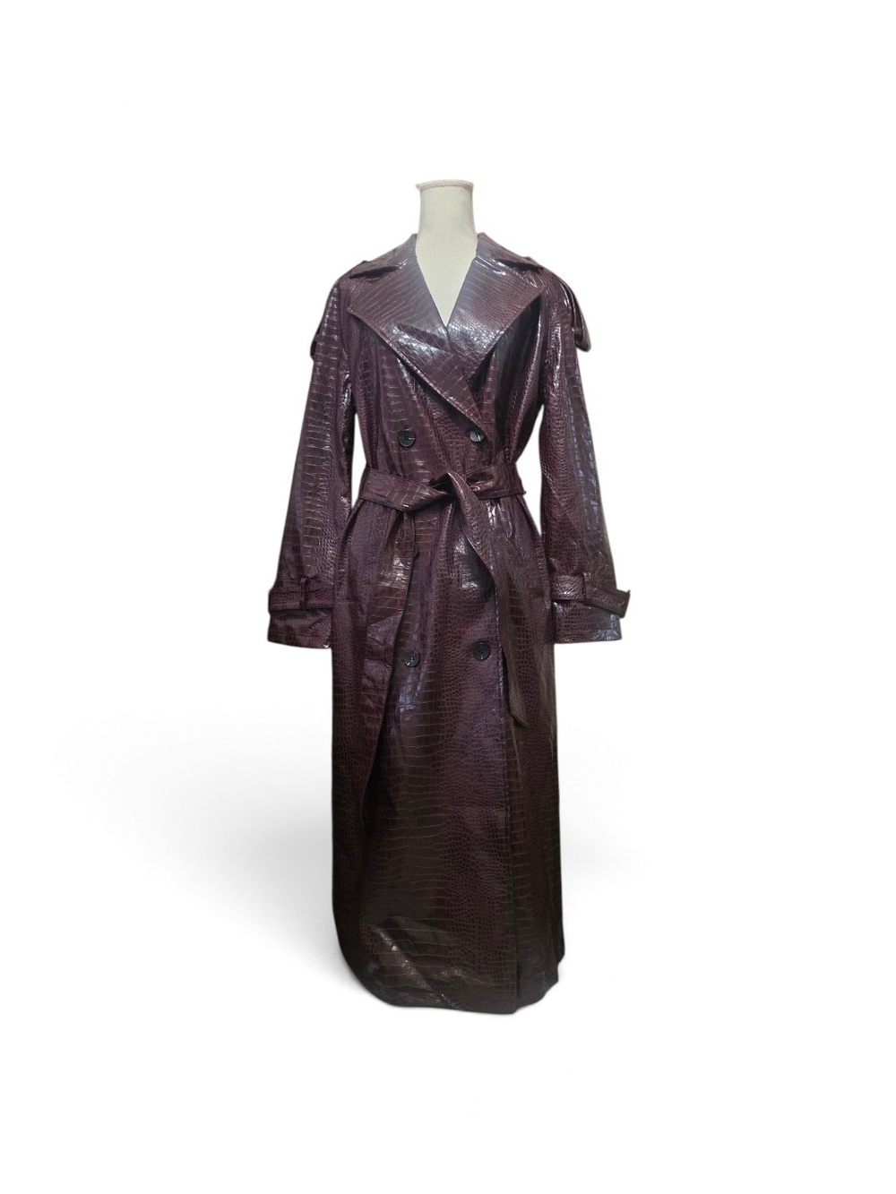 Avec Les Filles Dark Burgundy Croc-Embossed Trench Coat - Picture 3 of 10